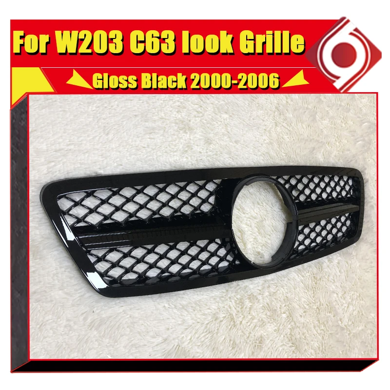 For Mercedes C Class W203 C203 Sedan Sports Front Grille Grill Grills C63 Style ABS Gloss Black Direct 1:1 Replacement 2000-2006 |