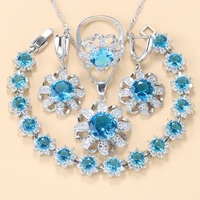 wedding ring jewelry sets silver 925 flower necklace and earrings aquamarine bracelet bridal costume for women gift