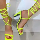 Сандалии женские летние зеленые на шнуровке, босоножки с перекрестными ремешками на щиколотке, туфли-лодочки с квадратным носком, обувь для вечеринки на высоком каблуке