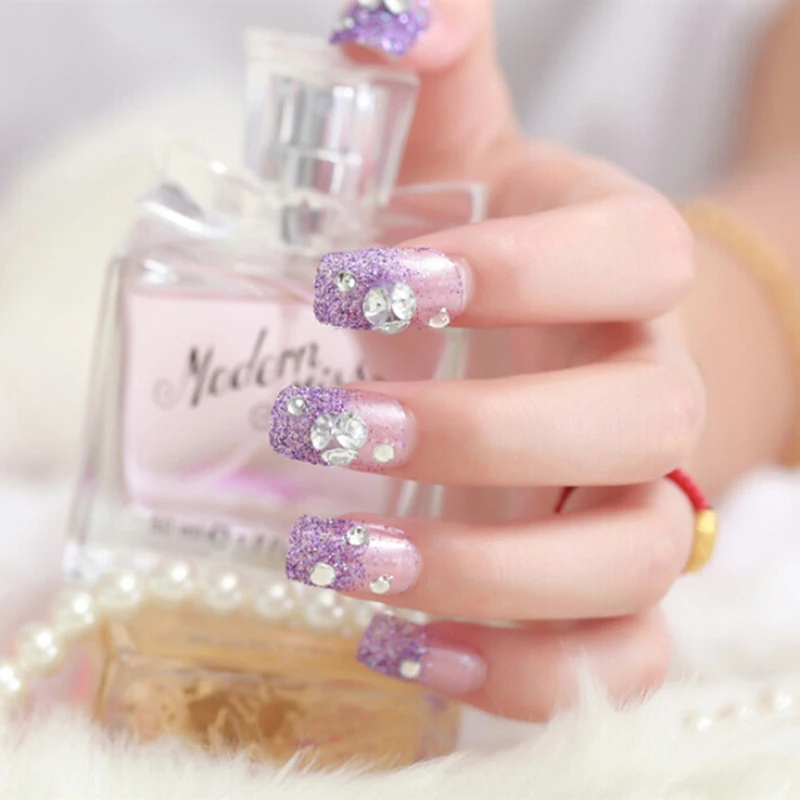 

Bright Shining Fake Nail For Women Nail Art 3D Diamond Rhinestone Purple Bride Full Nails Tips