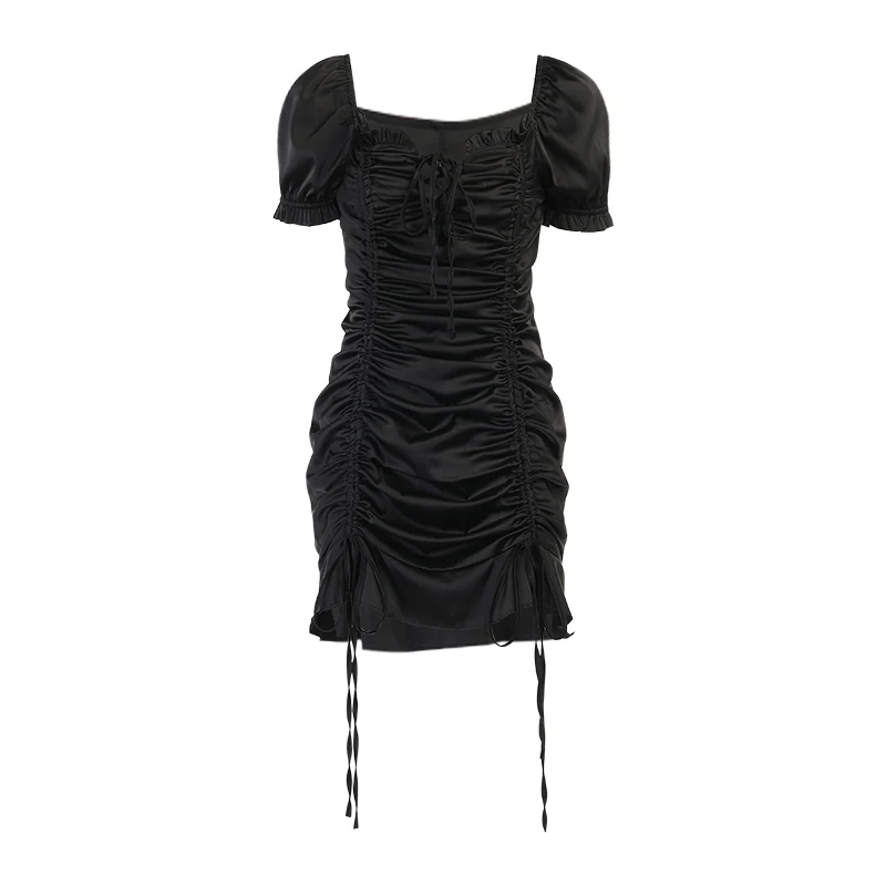 

InstaHot Women Lace Up Puff Sleeve Tassel Casual Sexy Club Dress 2021 Summer Elegant Streetwear Party Dress Bodycon Solid Dress