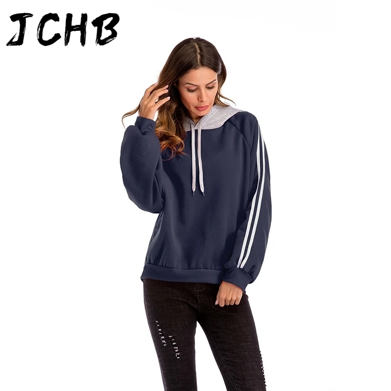 

Hoodies Autumn Women Patchwork Striped Loose Hooded Tops Long Sleeve Cotton Sweatshirt Lady Pullover Harajuku Female Large Size