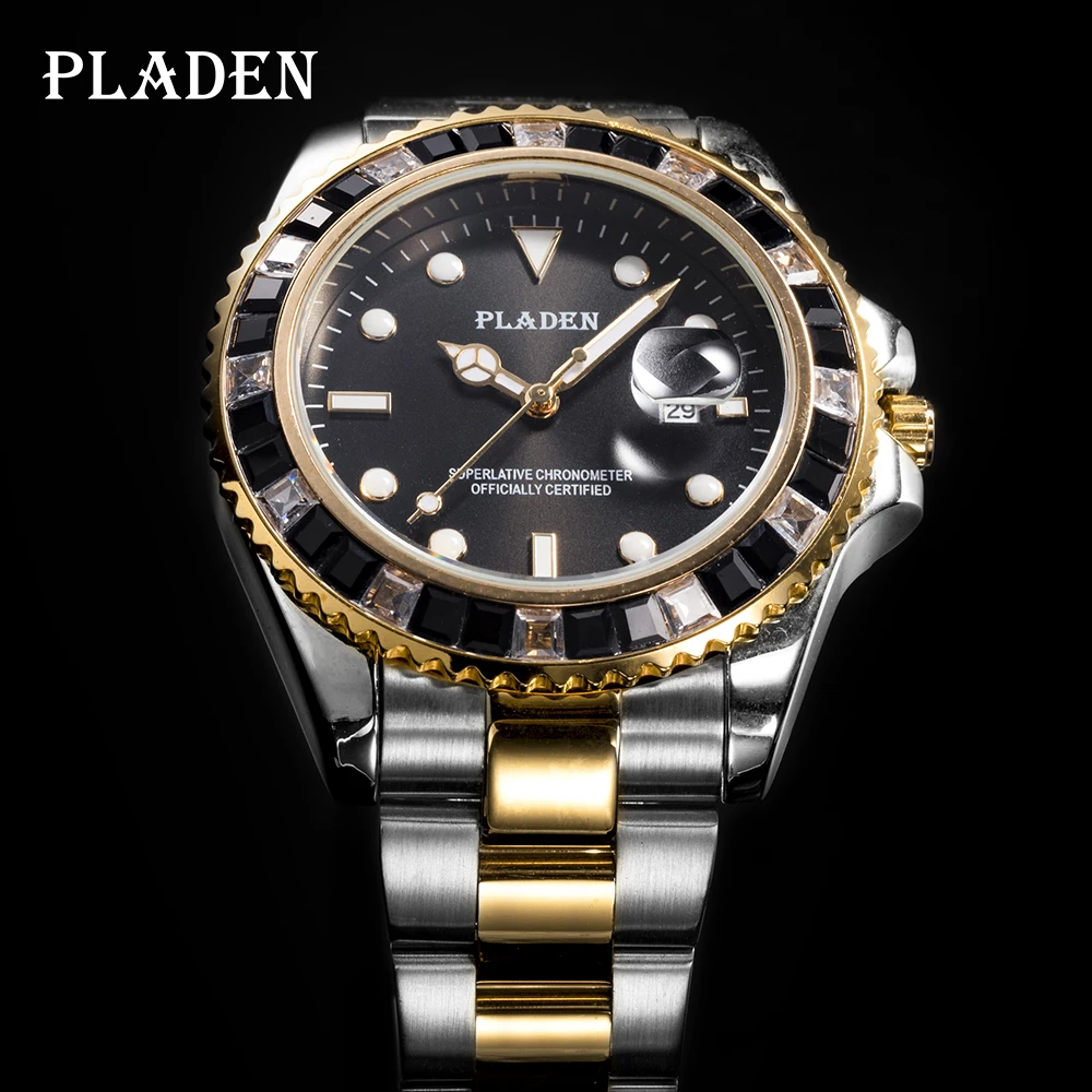 

PLADEN Black Watch Men Gold Silver Diamond Brand Luxury Round Luminous Analog Stainless Steel Timepieces Dive Swim Man Jewelry