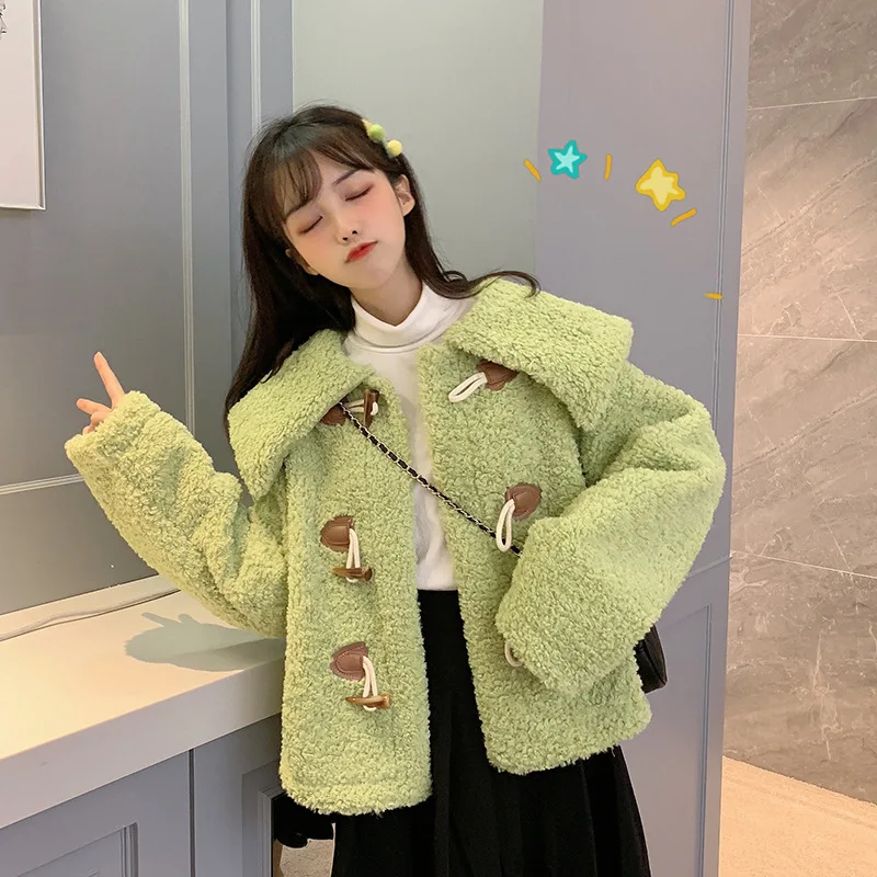 

2020 Autumn & Winter New Arrival Loose Cute Doll Collar Coat Imitation Lamb Hair Long Sleeve Cotton Coat Jacket Free Shipping