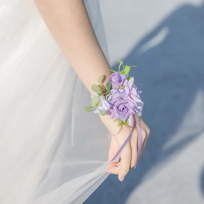 

Light Purple Wedding Bouquet Lilac Lavender Wisteria Bridesmaids Bride Wrist Flowers Hand Corsage Bracelet