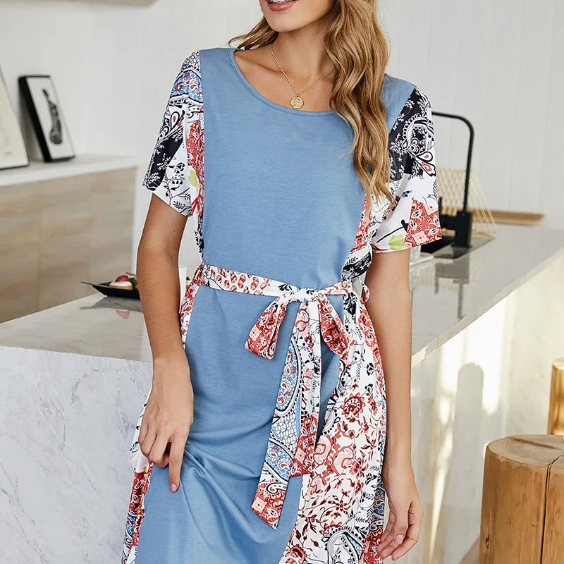 

2021 Women's T-shirt Dress Loose Printed Splice Smock Dress Female Sashes Casual O Neck Summer Maxi Long Dresses