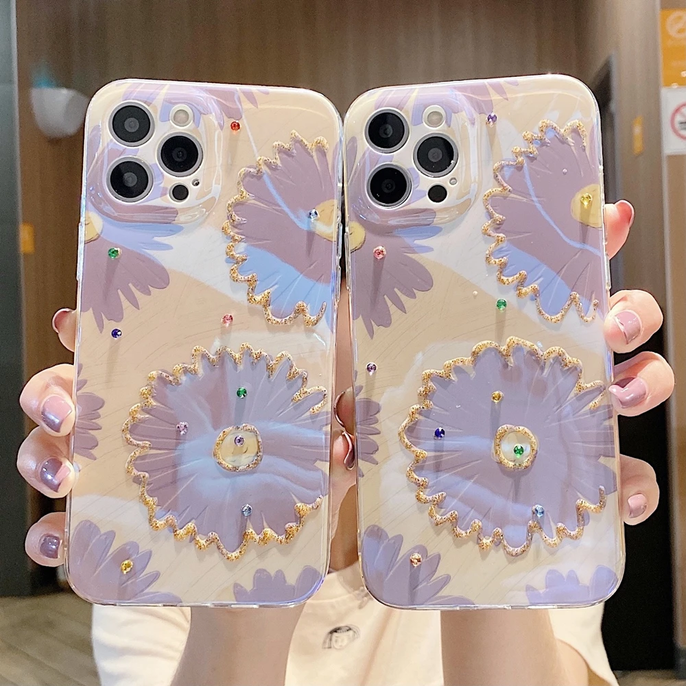 

Simple Purple Flower Pattern Blue Rhinestone Silicone Phone Case Back Cover For iPhone 13 12 11 Pro ProMax XS Max XR X XS 8 Plus