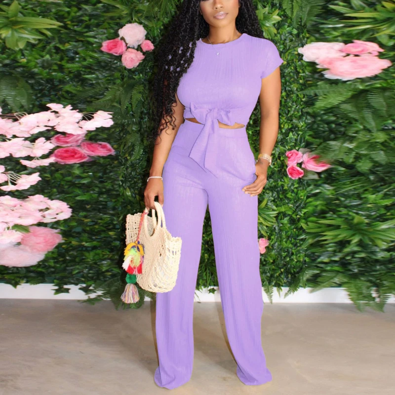 

Женский комплект из двух предметов, однотонная летняя футболка с круглым вырезом и коротким рукавом, повседневные длинные брюки до щиколот...