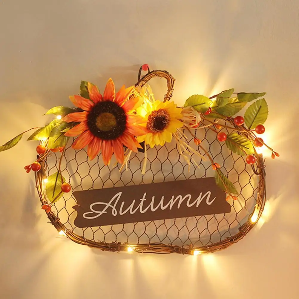 

Autumn Pumpkin Sunflower With Led Light Wooden Sign Simulation Garland Pendant Harvest Day Halloween Home Door Hanging Decor