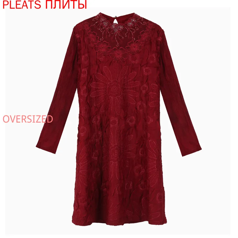 

Miyake Fold Heavy Industry Embroidered Dress Autumn and Winter New Women's European and American Fashion Vestido De Mujer Robes