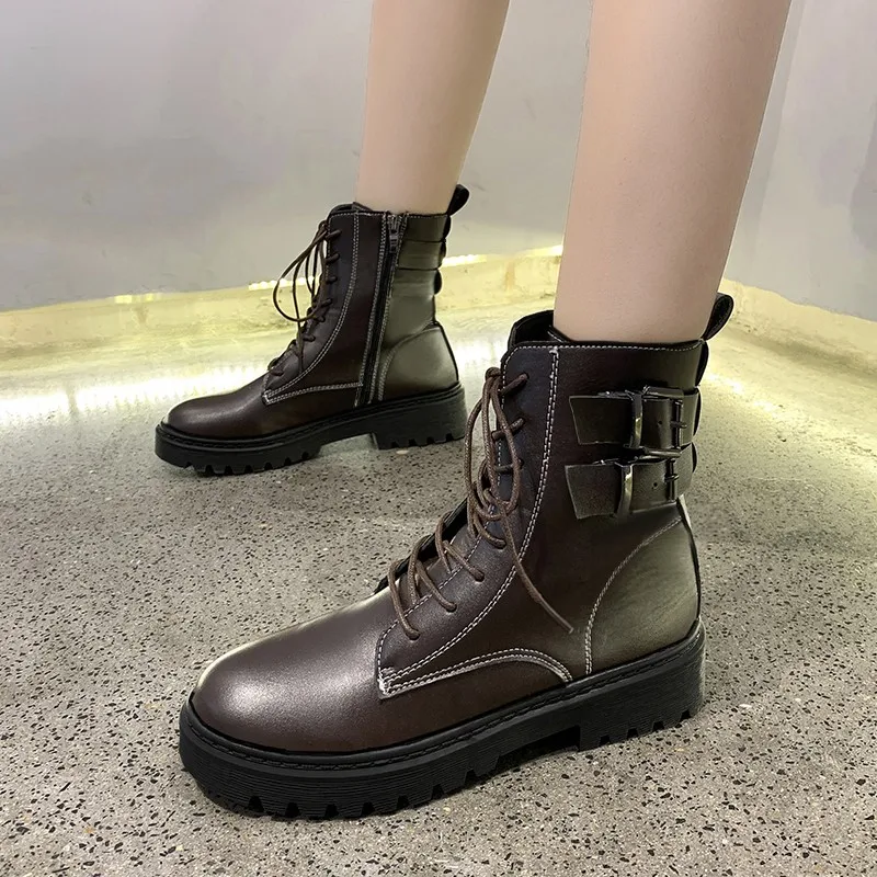 Autumn Winter Women Fashion Lightweight Comfortable Round Toe Shoes Ladies Lace-up Thick-soled Non-slip Women's Platform Boots