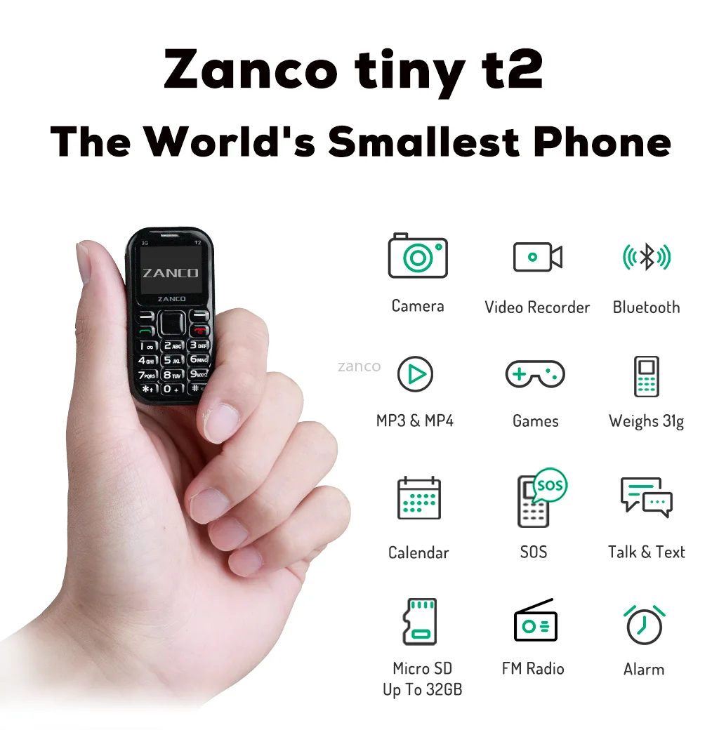 Новый Миниатюрный Сотовый Телефон ZANCO t2 в мире мини телефон 3G WCDMA самый маленький