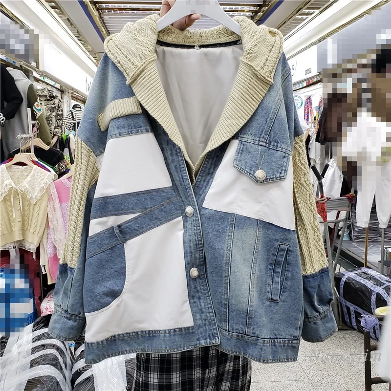 

Autumn Winter Jacket Women New Loose-Fitting Denim Clothes PU Leather Knitted Sleeve Hooded Coat Manteau Femme 2021