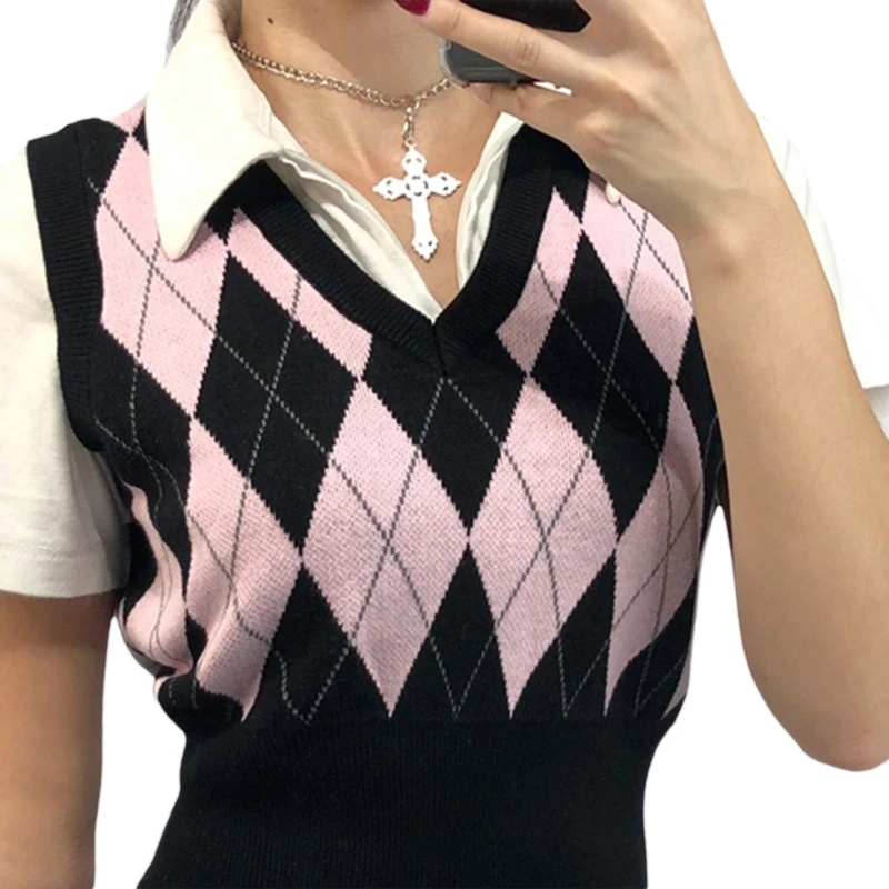 

Women Multicolor Argyle Plaid Knitted Vest V-Neck Slim Sleeveless Crop Sweater