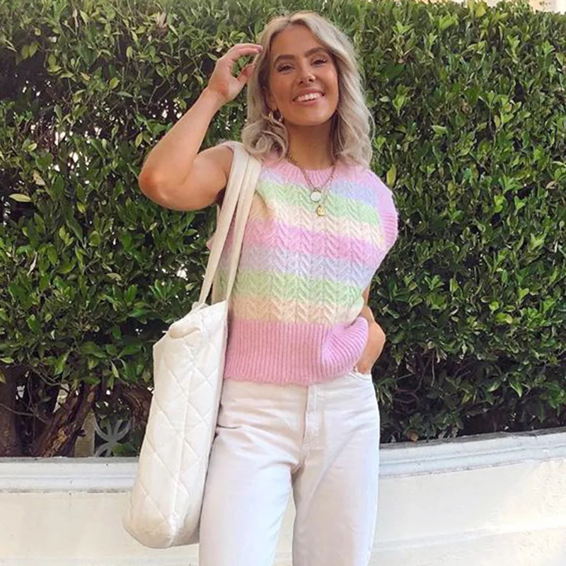 

WenQing Women Casual INS Fashion Tie Dye Print Colorblock Cable Knit Round Neck Short Sleeveless Vest Sweaters