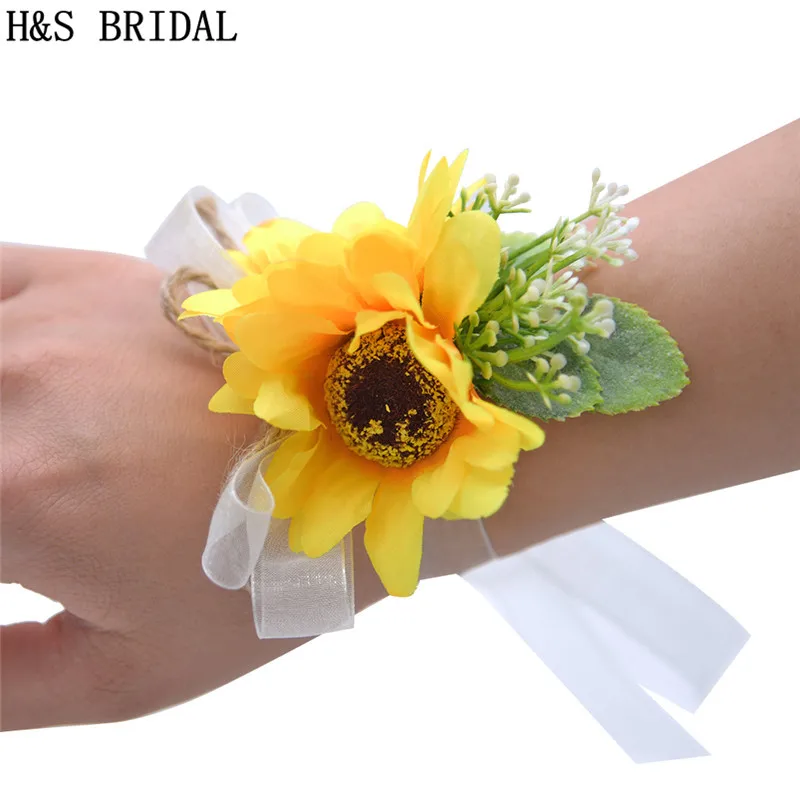 Подсолнух на запястье корсаж цветы для подружки невесты сестер искусственные