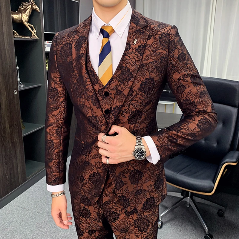 Ternos Masculinos Slim Fit Vintage Mens Suits Flowers Printed Blazers Men 3-piece Set Fancy Costume Homme Taille 4XL | Мужская одежда