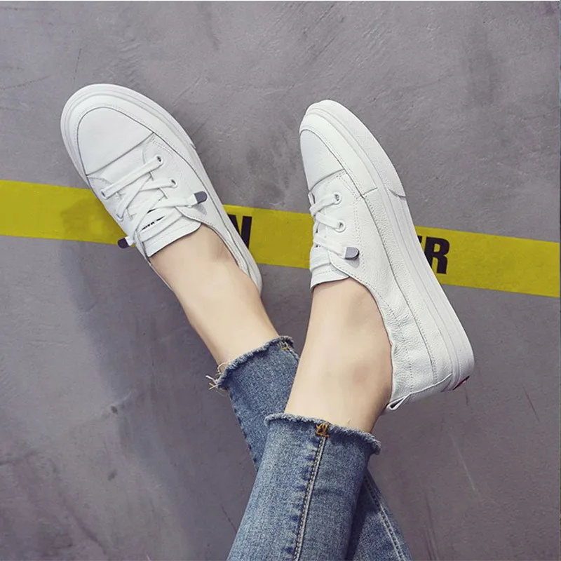 Women Comfy White Flats Pu Soft Leather Ladies Shoes Lace Up Casual Comfort Autumn Vulcanize Fashion Loafers Young Lace-Up