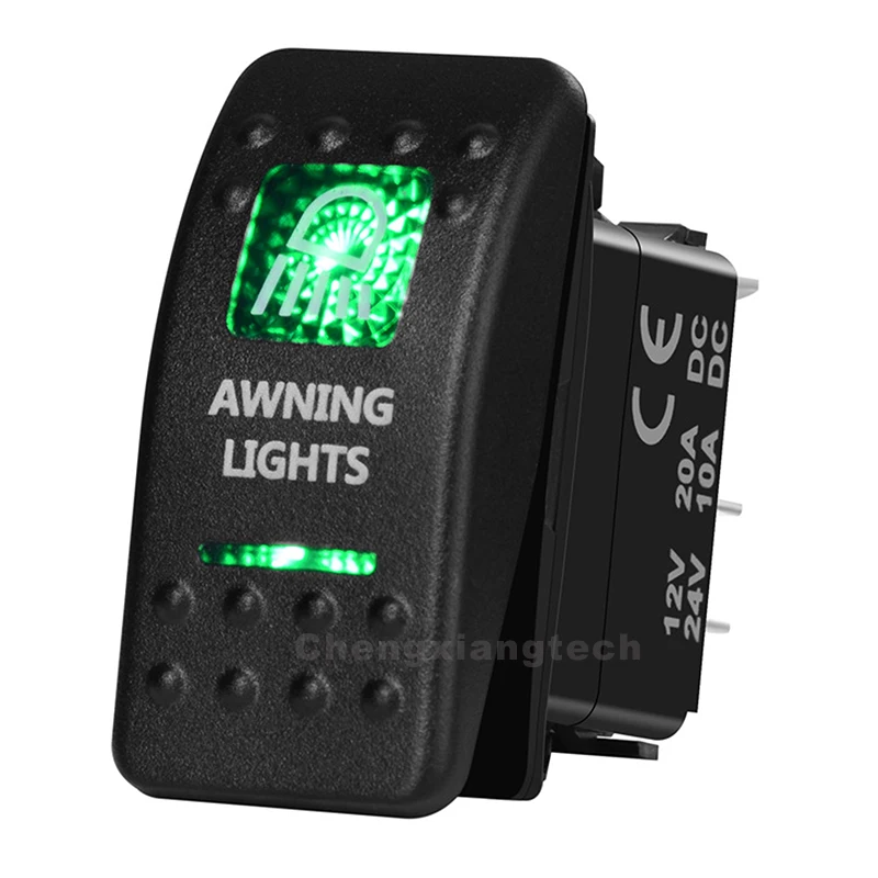 

AWNING LIGHTS 5 Pin On Off Green Led Backlit Printed Rocker Switch for Car Boat Truck 12V 20A SPST Carling Contura Rocker Switch