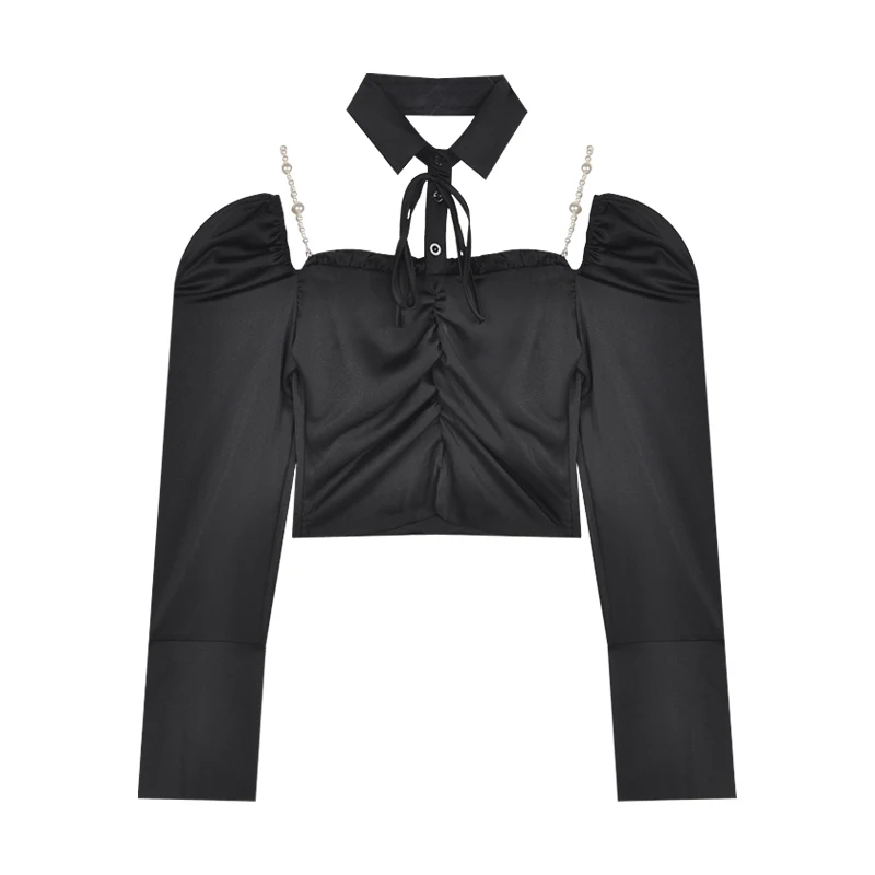 

Off-Shoulder Sexy Chain Chiffon Women Shirts Puff Black Long-Sleeved Short Empire Female Outwear Tops