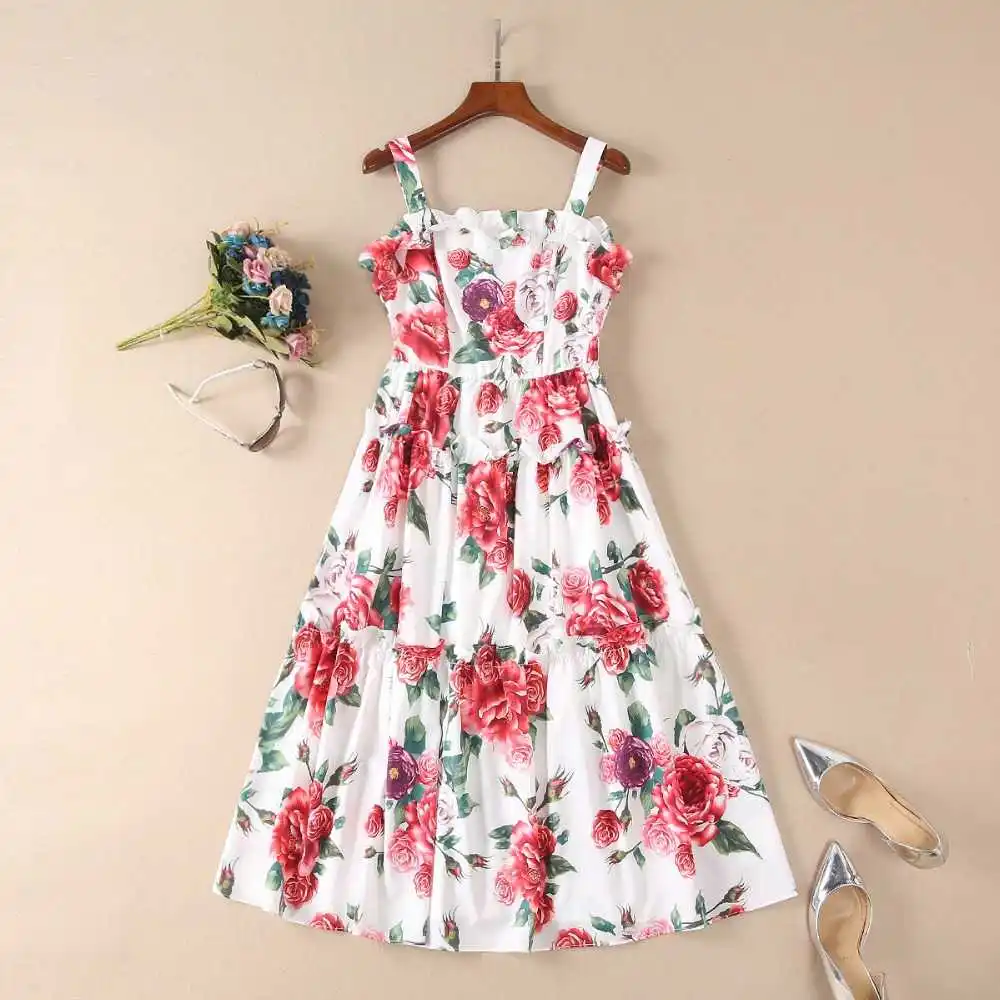 

summer sweet runway floral print slip dress High quality designer ruffles dress Fashion women party dress D115