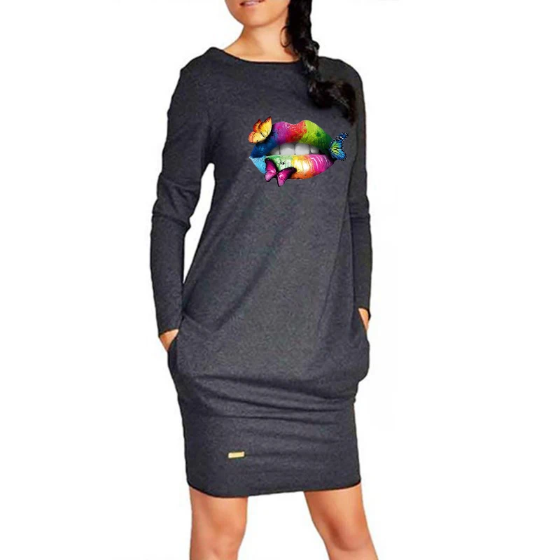 Осеннее женское платье большого размера с принтом губ облегающие платья
