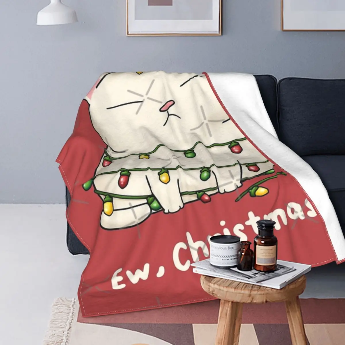 

Ew-Manta de gato blanco de Navidad, a cuadros colcha para cama, sofá, muselina, manta de lana a cuadros, colcha de Picnic