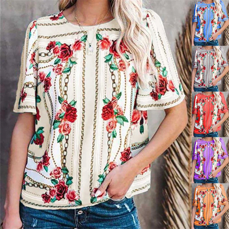 

Summer Short Sleeve Shirt T-shirt Blouse 2021 Retro Women Floral Print Tops Blusa Casual Female Loose O Neck Shirts Streetwear