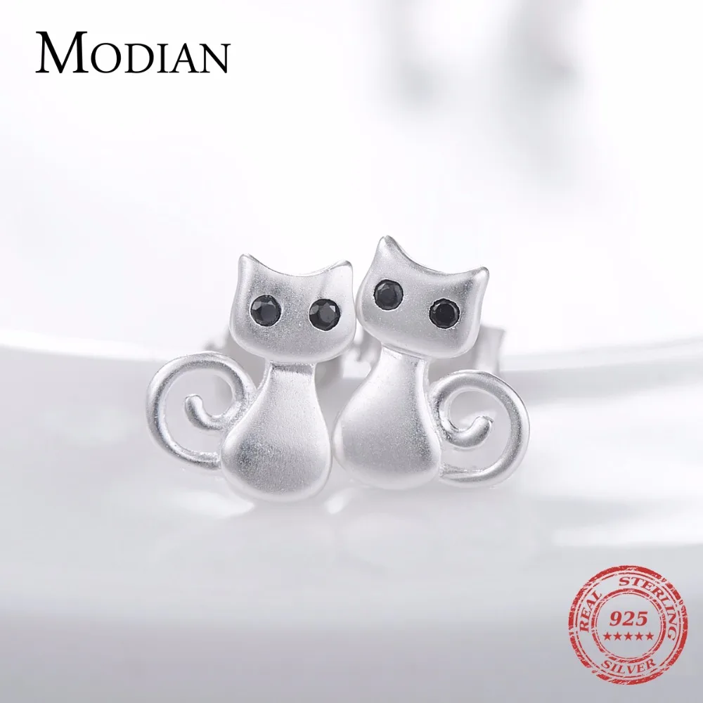 Серьги-гвоздики Modian из серебра 925 пробы с милыми котами женские милые модные
