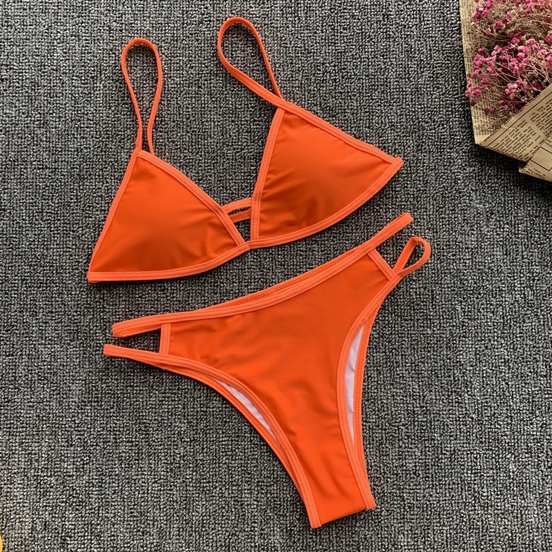 

Explosive Solid Color Stitching Bikini European American Sexy Swimsuit Female Split Swimwear Two-Piece Suits Sunbath Wear