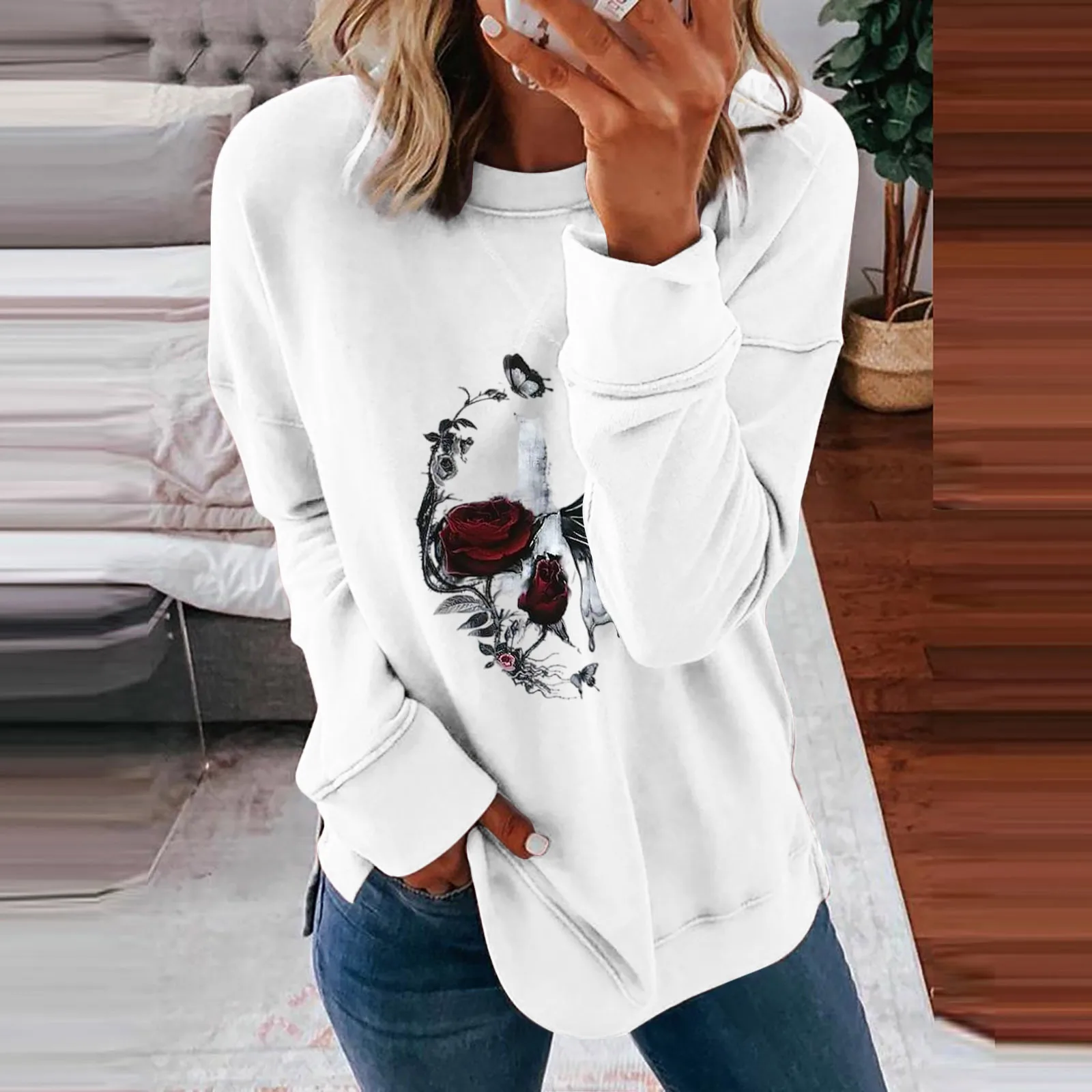 

Skull Head Hoodie Women Aesthethic Casual Printing Long Sleeve Sweatshirt Pullover Blouse Tops