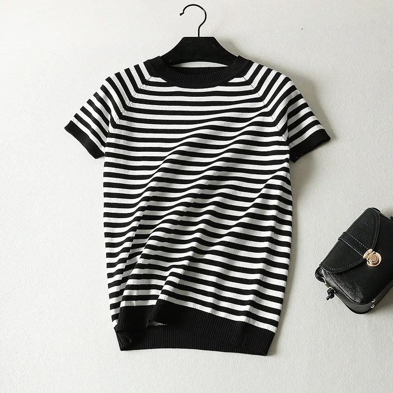 

LJSXLS O Neck Striped T-shirts Knitted Women Tshirt Short Sleeve T Shirt Women Korean Clothes Summer Slim Top Tee Poleras Mujer