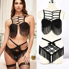 Комплект женского боди с бантом и кисточками, соблазнительное нижнее белье, укороченный топ для танца на шесте, клетка, бюстгальтер, трусики-стринги