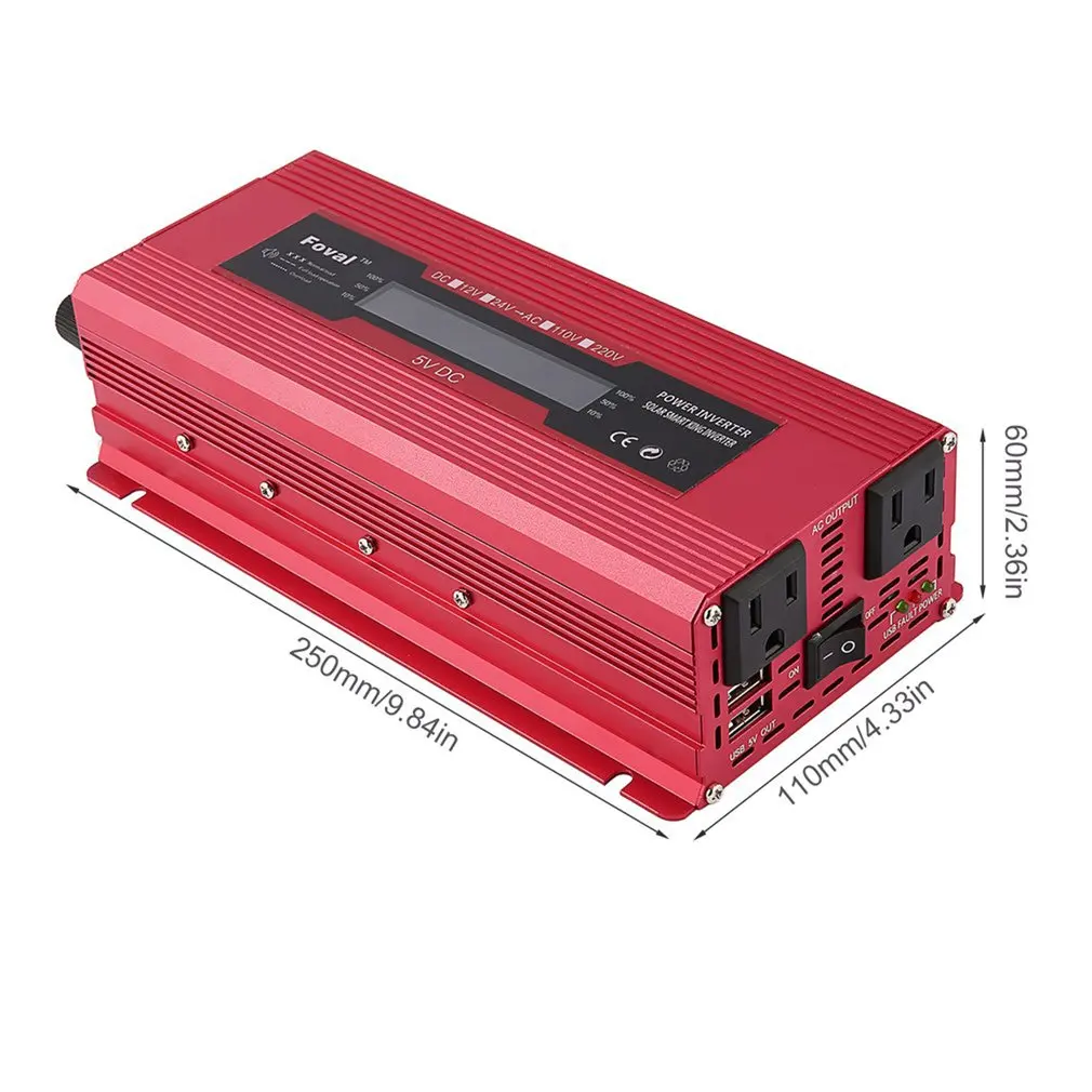 

Car Solar Inverter DC 12 to AC 230V Digital Display Converter Red US Type Overload Protection Digital Sine Wave Converter