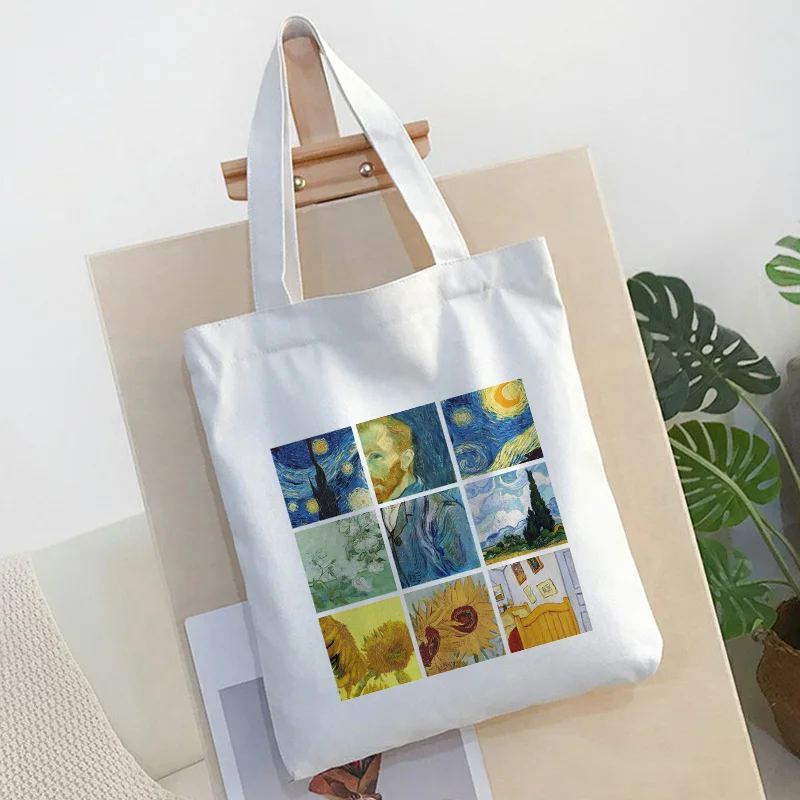 

Nine Grid Van Gogh Flower Letter Cartoon Print Shoulder Canvas women Bag Handbag Harajuku Casual Ulzzang Fun Large Capacity Bags