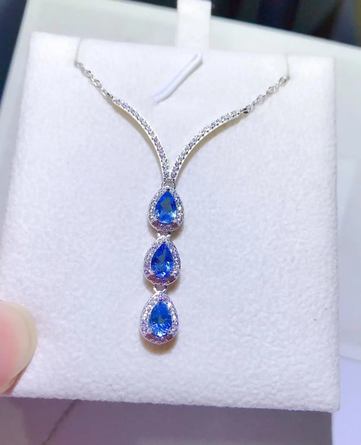 

Elegant triangle strand water drop natural blue topaz Necklace Natural gemstone Pendant Necklace 925 sliver women gift Jewelry