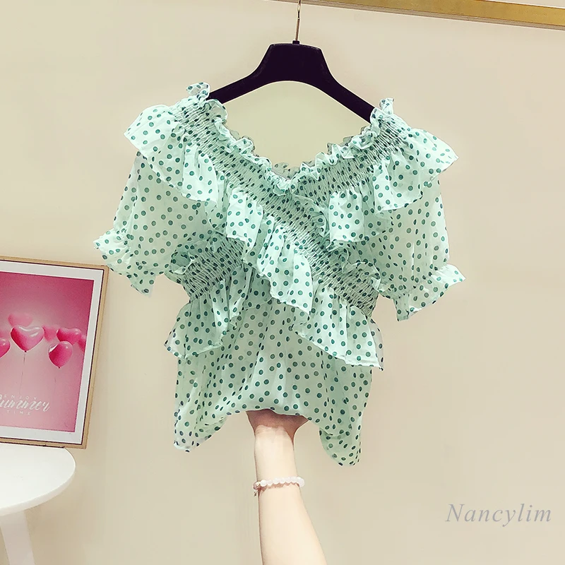 

Polka Dot Blouses Green Chiffon Shirt Women's 2021 Summer New Fashion Short Sleeve Cross Ruffled V-neck Top Blusas Mujer