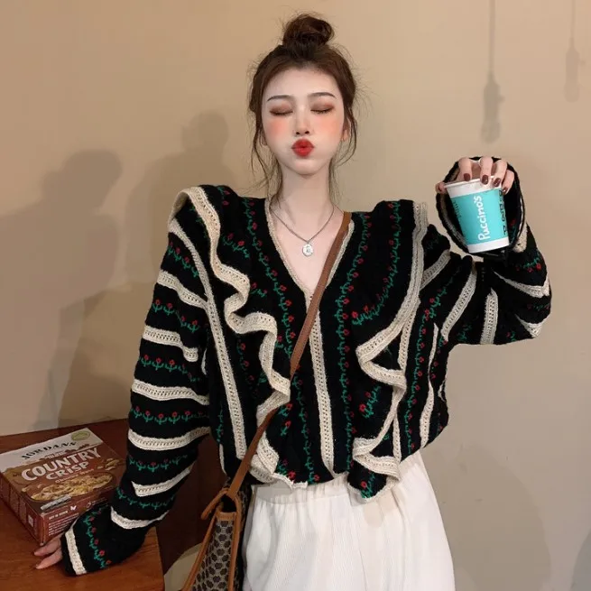 Женский трикотажный свитер в полоску Свободный Вязаный топ с V образным вырезом и