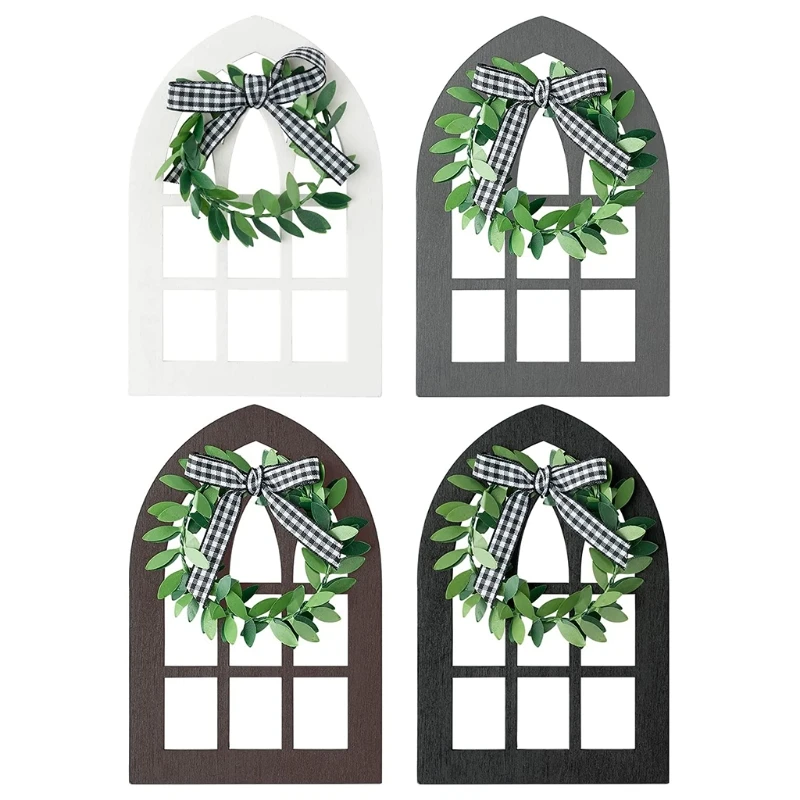 

N7MD Window Tiered Tray Decoration Wooden Farmhouse Decor Plaid Rustic Cathedral Arch Window Sign Shelf Spring Stand Photo Prop