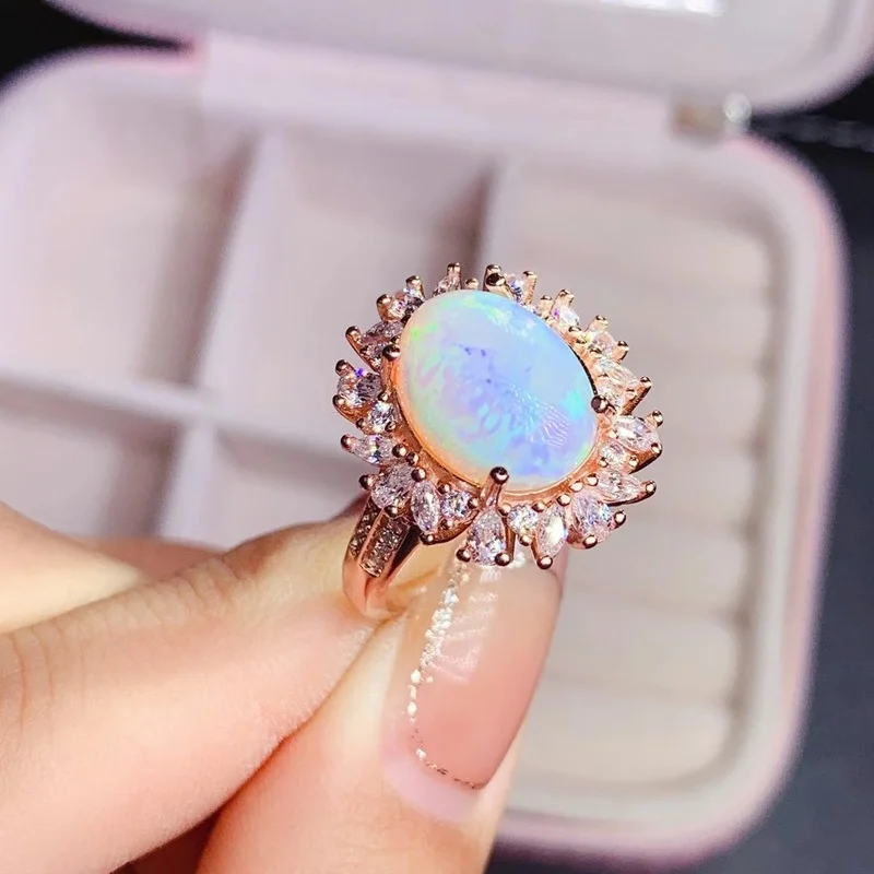 Fashion  Round Sun Flower Natural Gem Stone Ring 10*13mm Natural Multicolor Opal Ring S925 Silver Women's Girl Party Jewelry