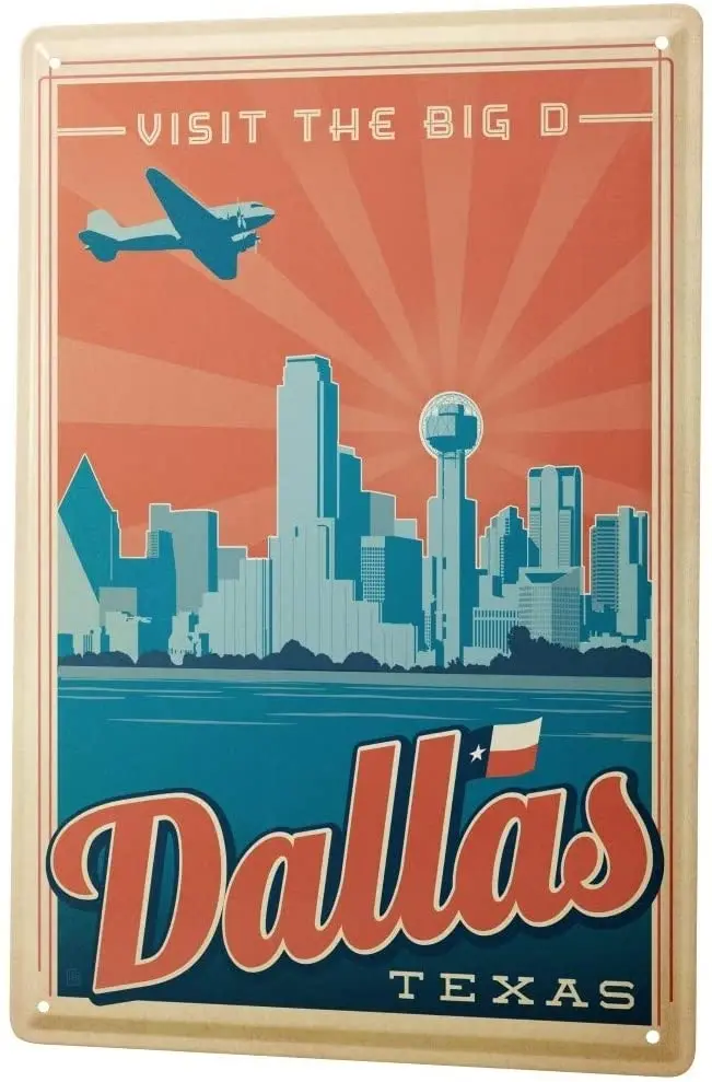 

SINCE 2004 Tin Sign Metal Plate Decorative Sign Home Decor Plaques Deco City Dallas Texas Skyline Aircraft 8X12