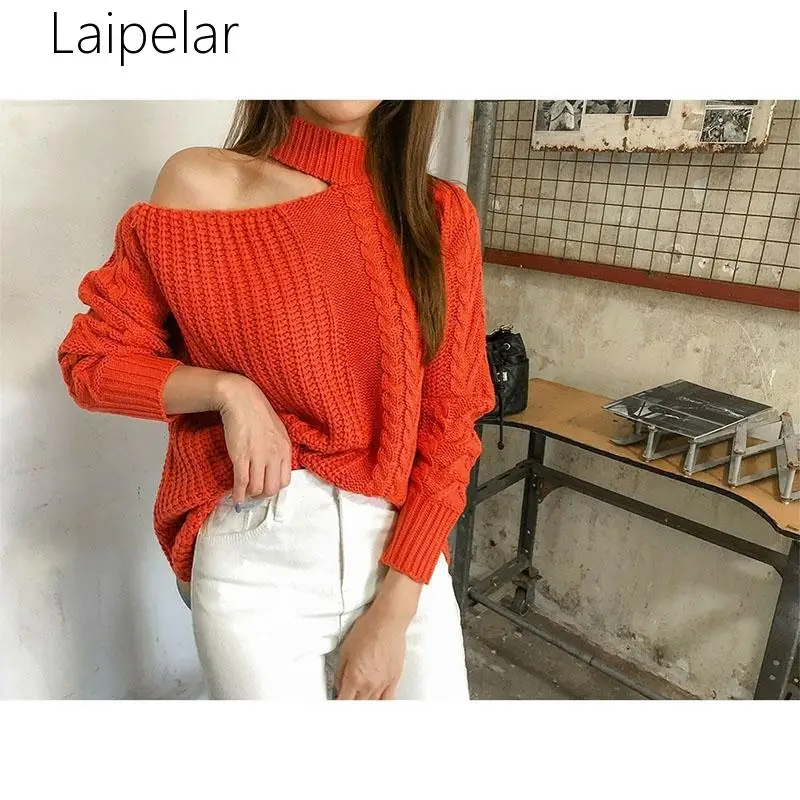 

2019 Winter Women Sweaters Solid Casual One Shoulder Pullover Basic Jumper Autumn Turtleneck Knitted Knit Sweater Female