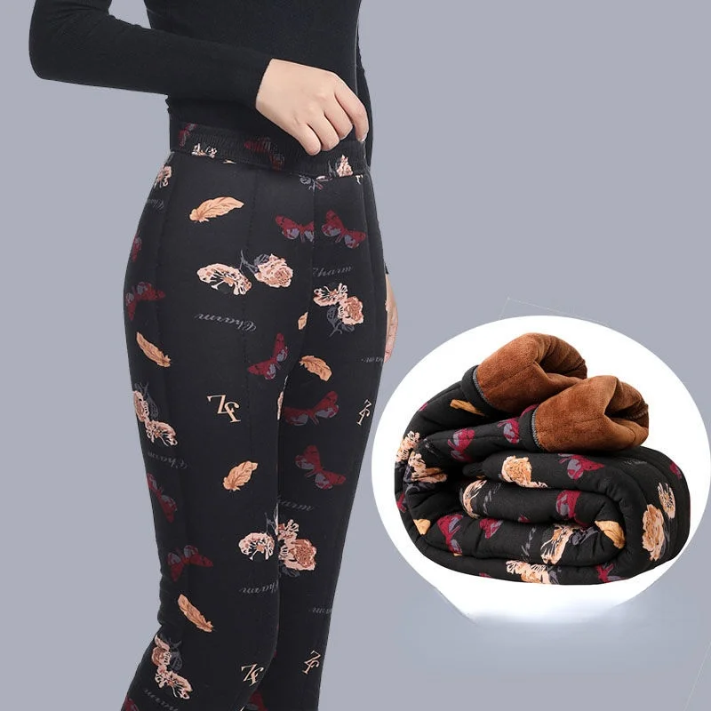 

Women 2021 Autumn Winter New Thick Warm Slim Leggings Female Floral Patten Pants Ladies High Waist Stretch Skinny Trousers Y878