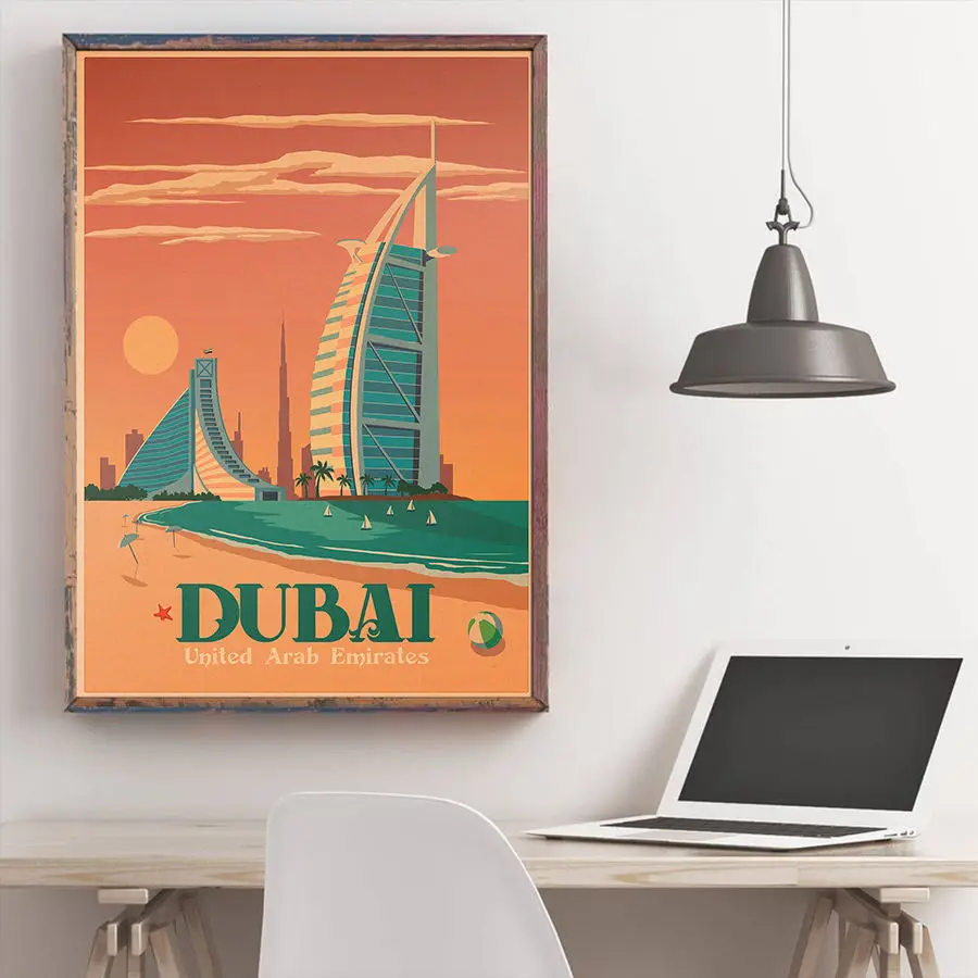 Постер путешествий в Дубае античная пейзажная живопись винтажная крафт-бумага