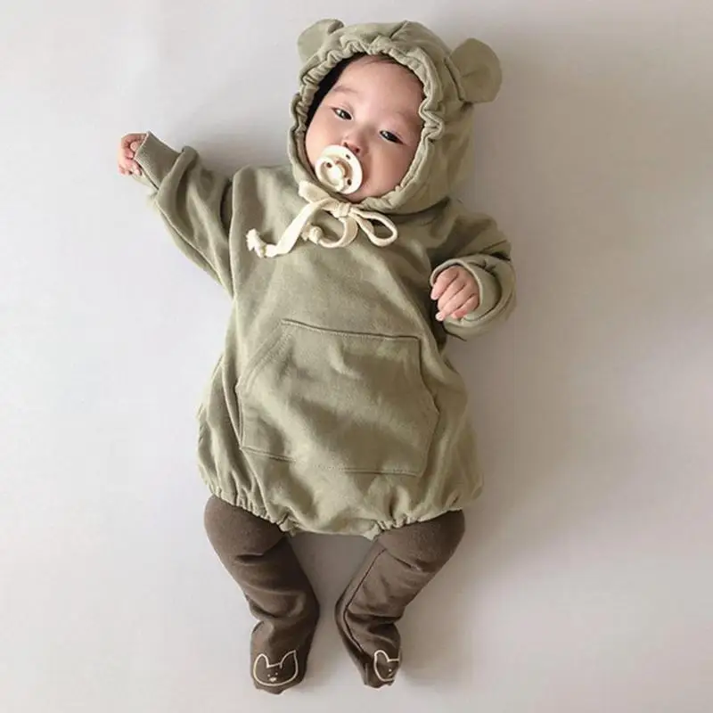

2020 Autumn New Children's Clothing Baby Bodysuits Kid Boys Bear Ears Hooded Jumpsuit Cotton Long Sleeve Baby Girl Bodysuit