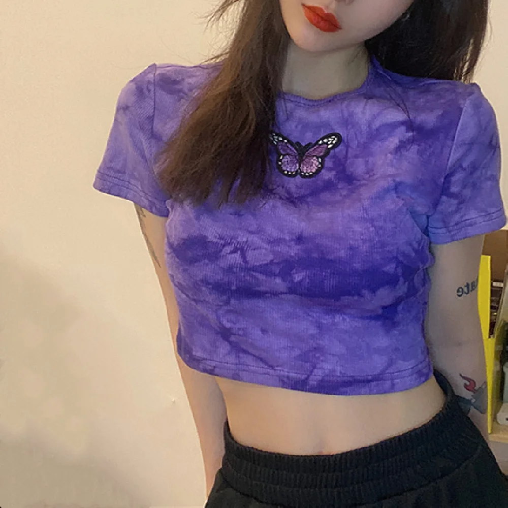 

Sexy fashionTie-dye printed short-sleeved T-shirt women's cropped round neck top