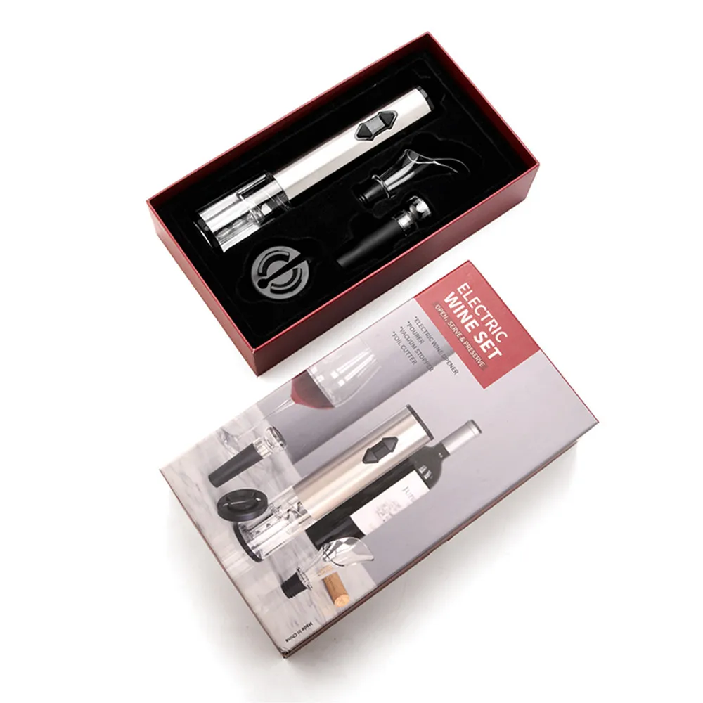 

Electric Wine Bottle Opener Set Stainless Steel Automatic Corkscrew Opener Puller Kit with Foil Cutter +Vacuum Stopper+Pourer