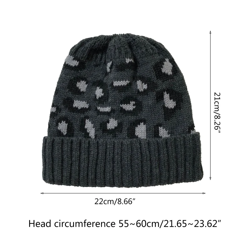 

Women Winter Warm Knit Beanie Hat with Ponytail Hole High Messy Bun Leopard Jacquard Stretch Snow Ski Cuffed Skull Cap