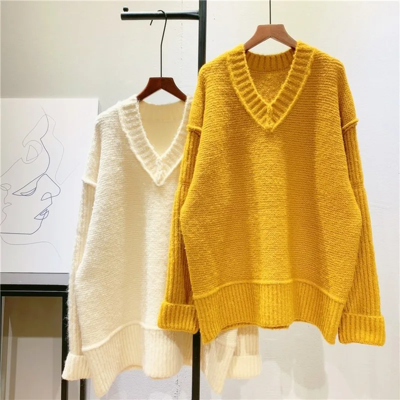 

V-neck Sweater Women Solid Soft Thick Warm Sweater Korean Fashion Lazy Oaf Loose Pullover Simply Knitwear Tops Sueter Mujer