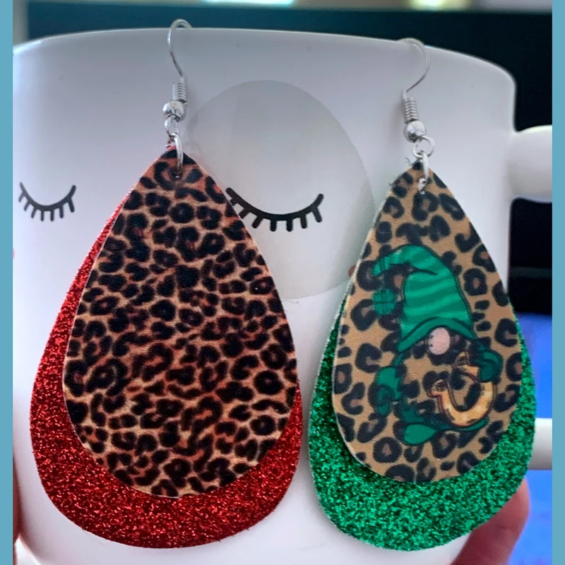 

Leopard Gnomies Earrings 24 Pairs Happy St Patricks Day Earrings New Faux leather Earring Hat Earrings